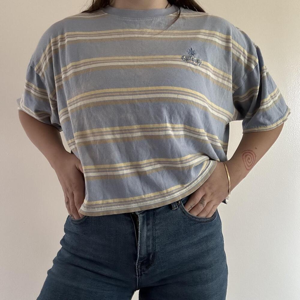 Billabong Blue Yellow White Striped Cropped Tee – XS